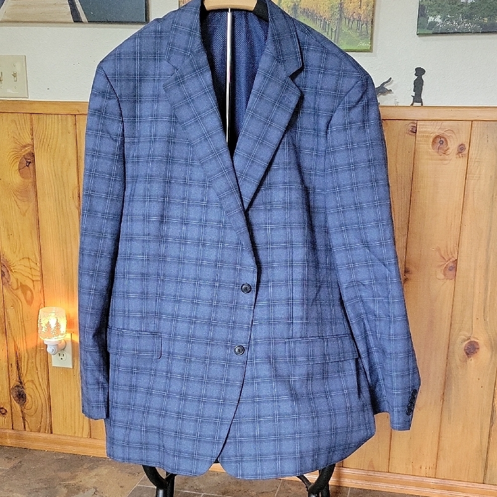 Blue Wool-Blend Sport Coat with Windowpane Pattern